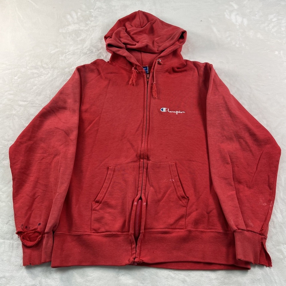 90s Champion Full Zip Hoodie Mens L Red Distressed Embroidered Logo Sweatshirt